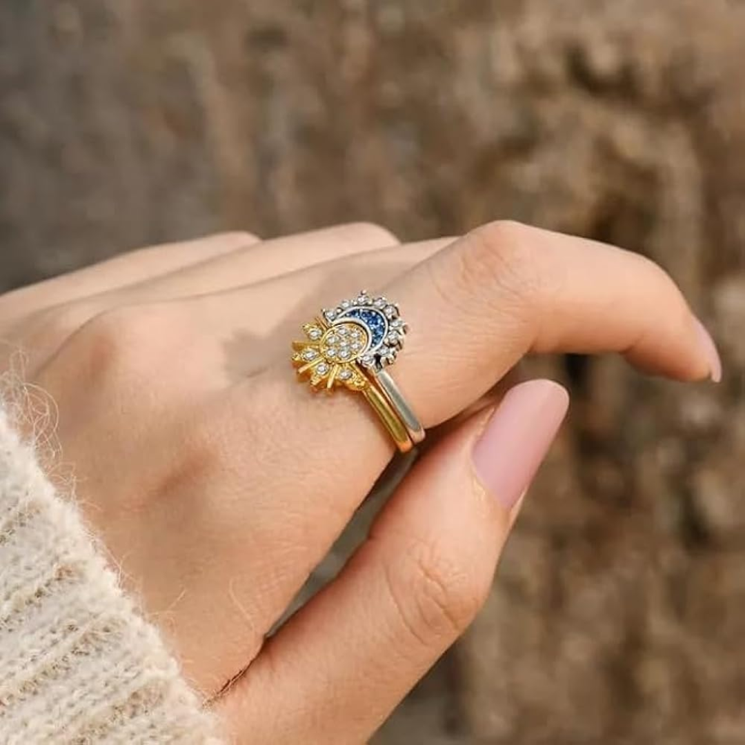 Adjustable Silver Sun and Moon Ring in 925 Sterling Silver