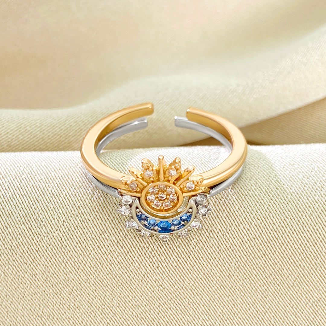 Adjustable Silver Sun and Moon Ring in 925 Sterling Silver