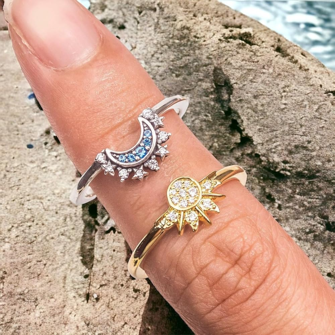 Adjustable Silver Sun and Moon Ring in 925 Sterling Silver