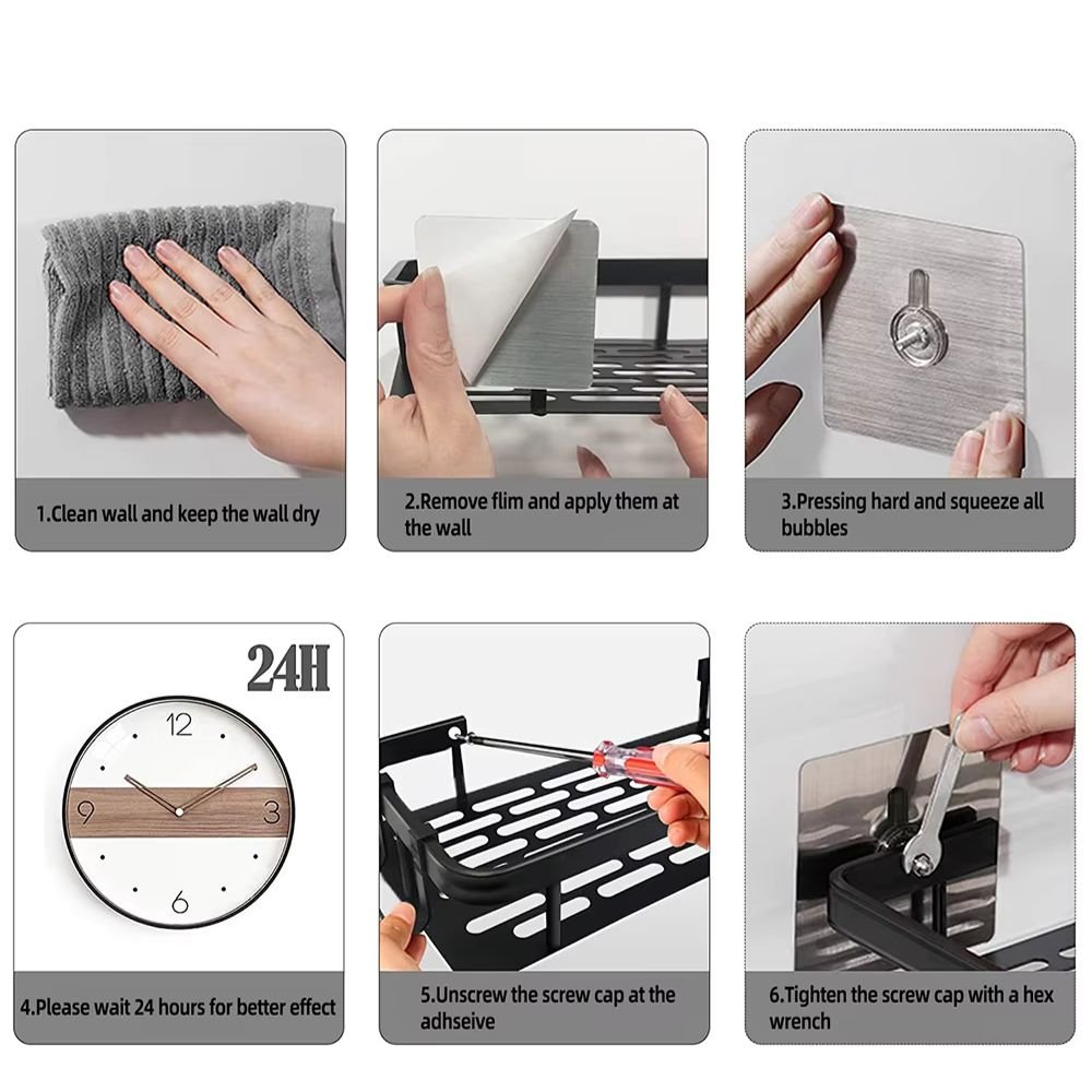 Aluminium Corner Shower Shelf with Adhesive Mount and Adjustable Hook