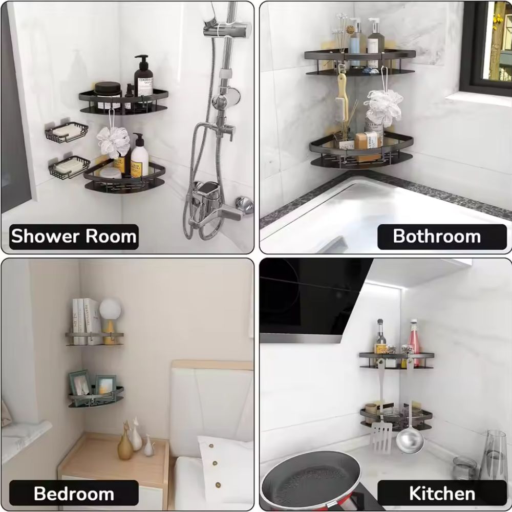 Aluminium Corner Shower Shelf with Adhesive Mount and Adjustable Hook