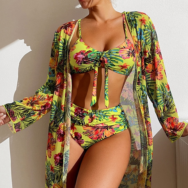 Elegant Three-Piece High-Waisted Bikini Set with Sheer Blouse
