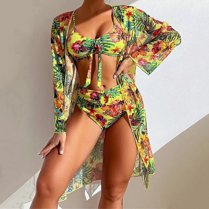 Elegant Three-Piece High-Waisted Bikini Set with Sheer Blouse