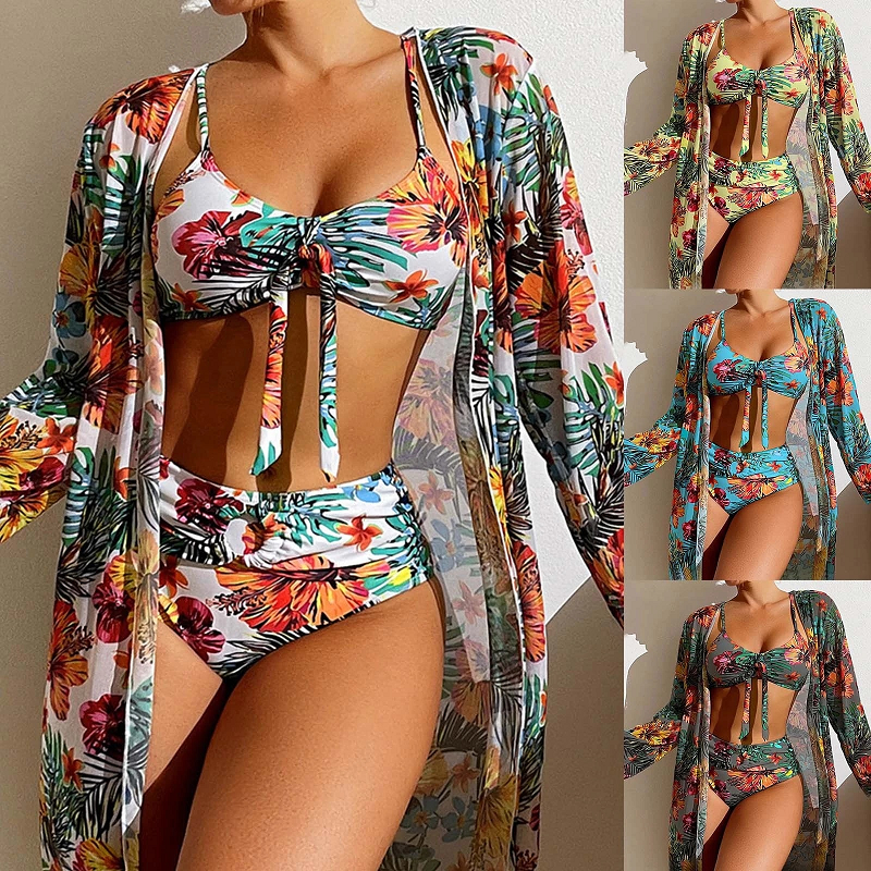 Elegant Three-Piece High-Waisted Bikini Set with Sheer Blouse