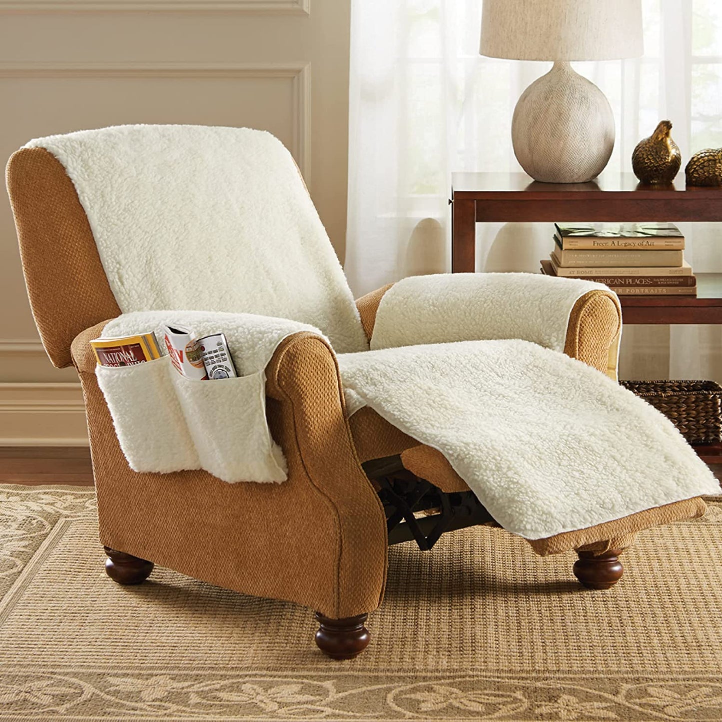 Cozy Beige Fleece Sofa Cover with Side Storage Pockets