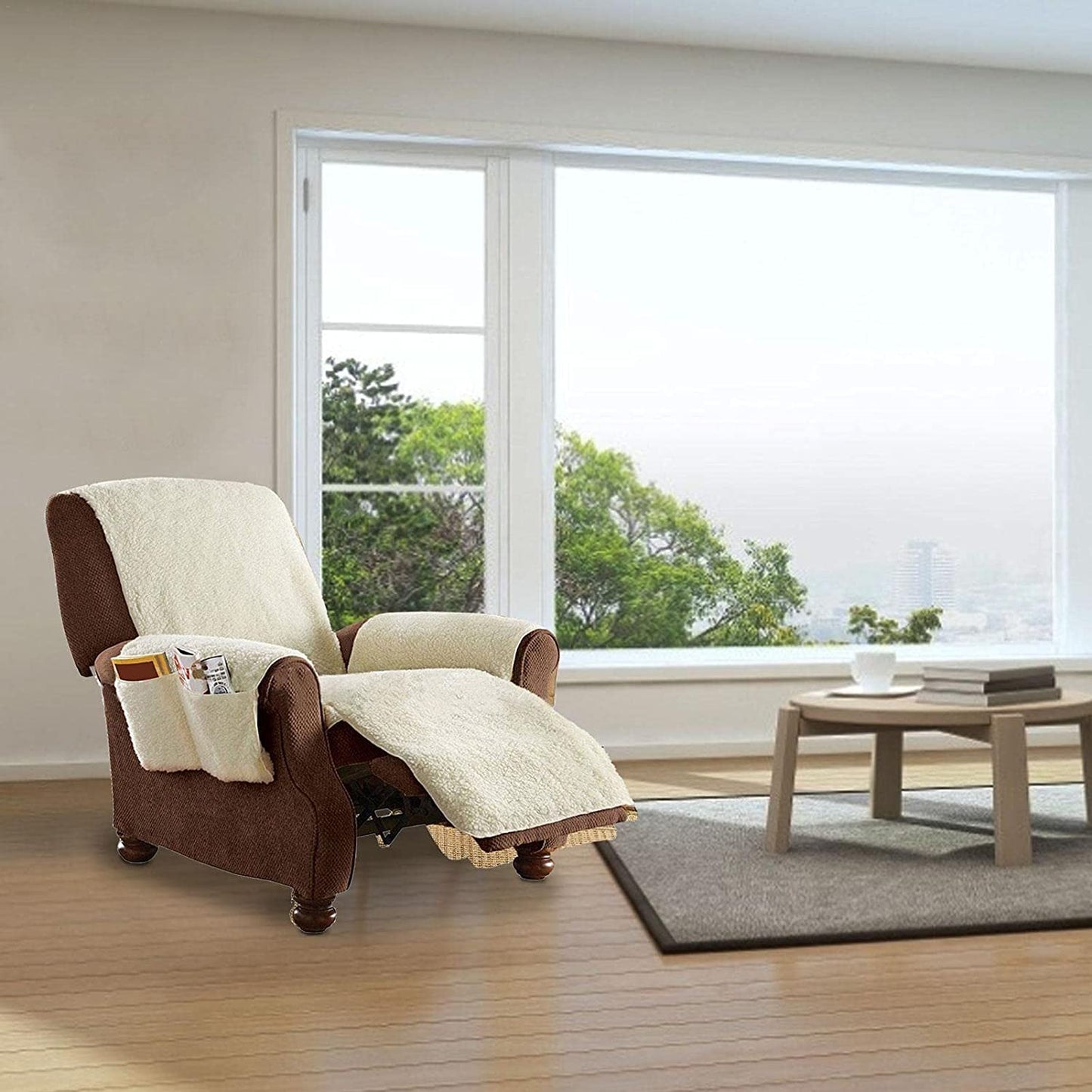 Cozy Beige Fleece Sofa Cover with Side Storage Pockets