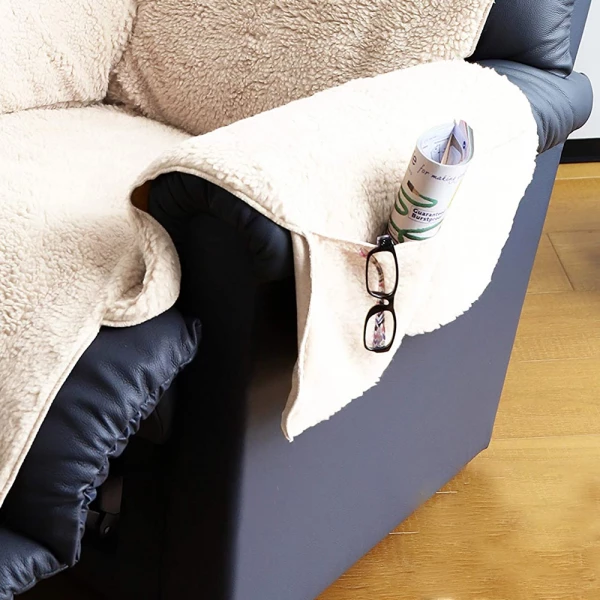 Cozy Beige Fleece Sofa Cover with Side Storage Pockets