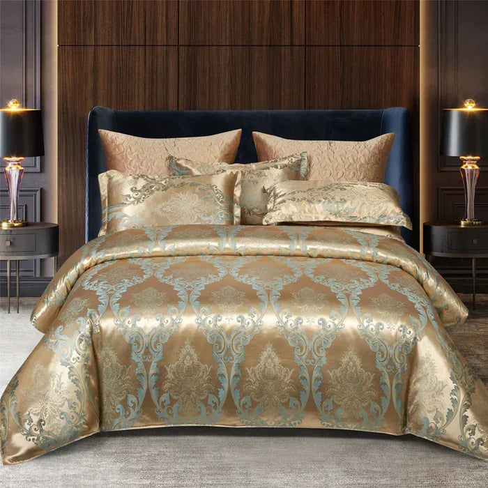Luxury Satin Duvet Cover Set in Gold and Blue