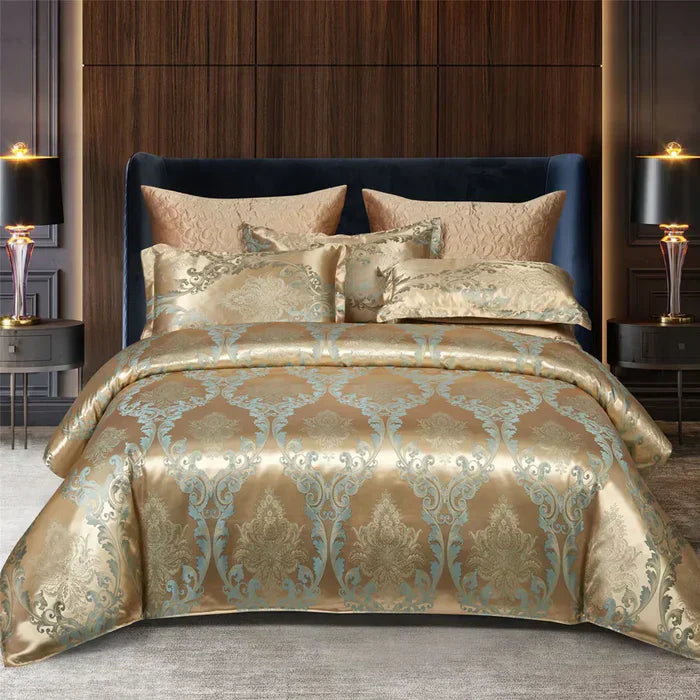 Luxury Satin Duvet Cover Set in Gold and Blue