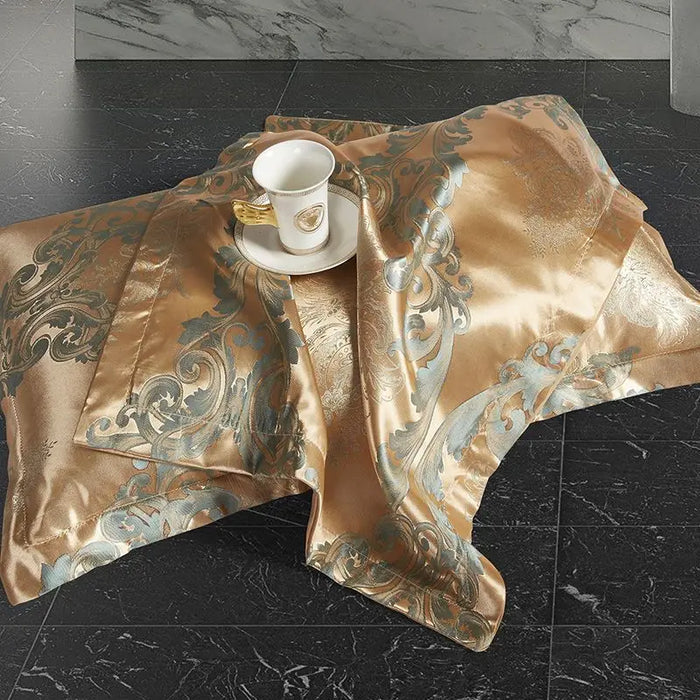 Luxury Satin Duvet Cover Set in Gold and Blue for Queen and King Beds