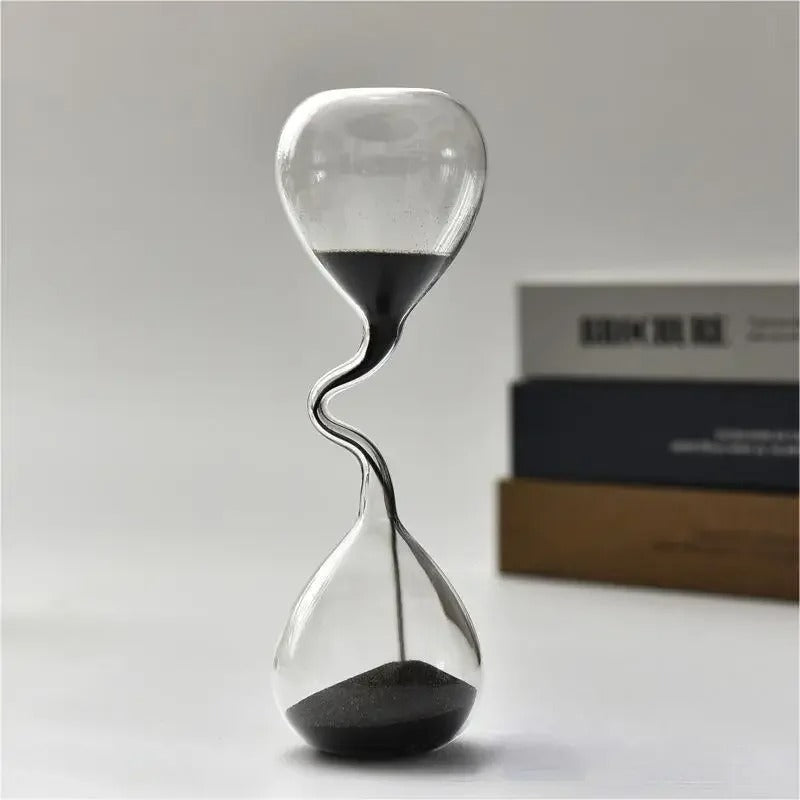 Curved Black Glass Hourglass with Black Sand