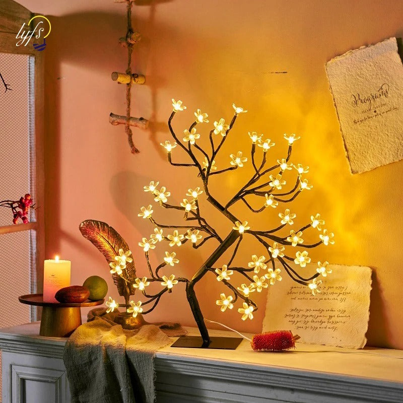 LED Cherry Blossom Table Lamp with Remote Control - USB Rechargeable