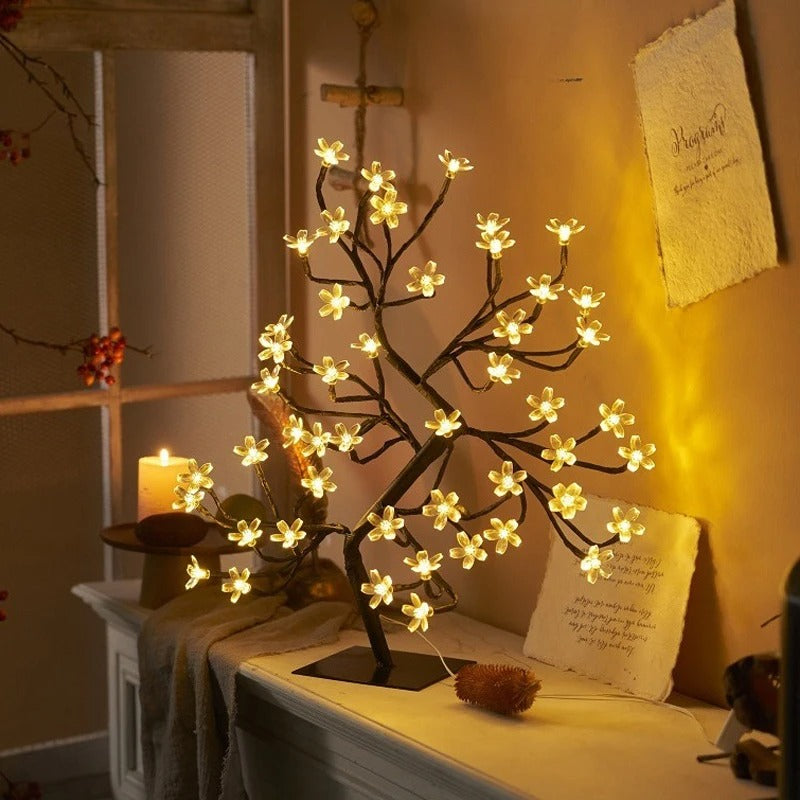 LED Cherry Blossom Table Lamp with Remote Control - USB Rechargeable