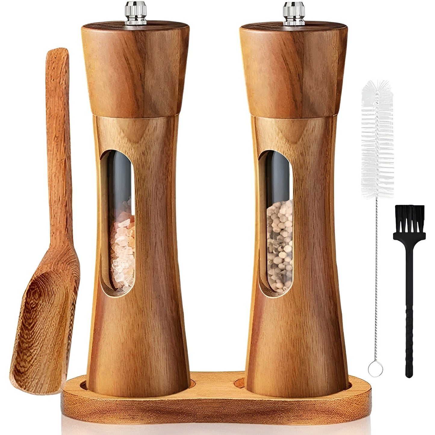Wooden Salt and Pepper Mill Set with Acrylic Window, Adjustable Grind