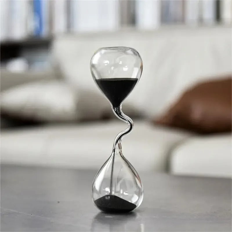 Curved Black Glass Hourglass with Black Sand