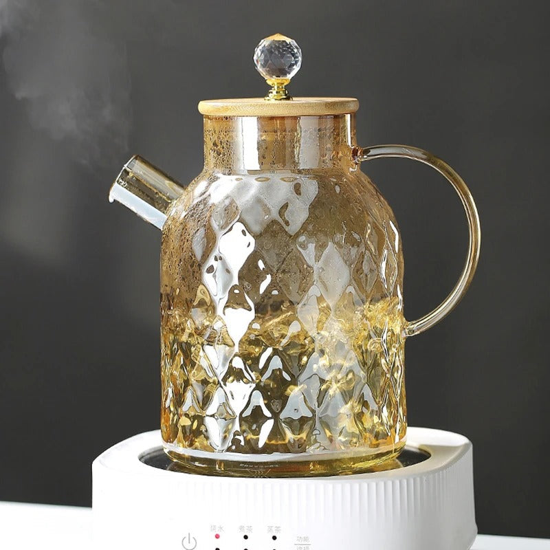 Glass Teapot with Bamboo Lid and Wooden Handle