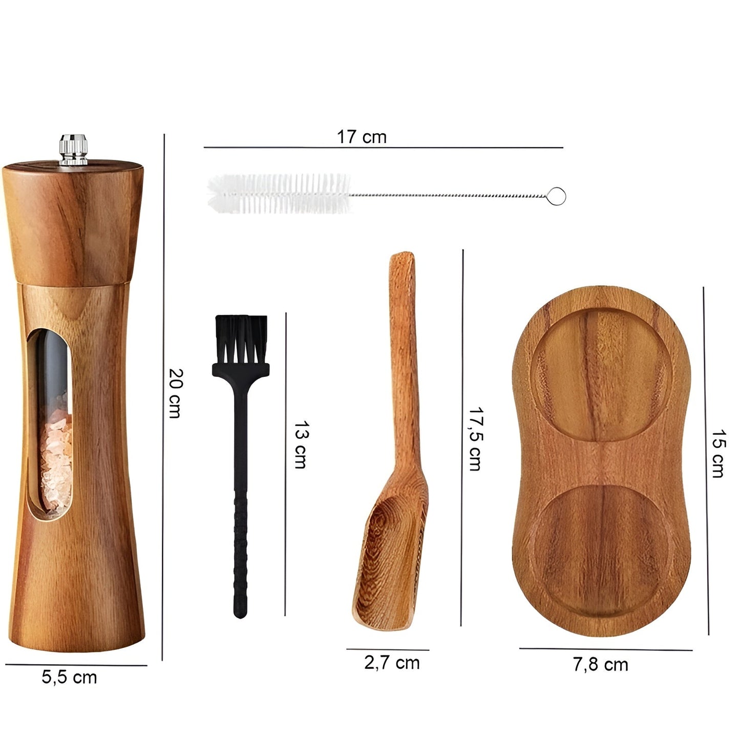 Wooden Salt and Pepper Mill Set with Acrylic Window, Adjustable Grind