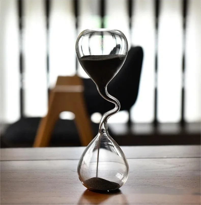 Curved Black Glass Hourglass with Black Sand