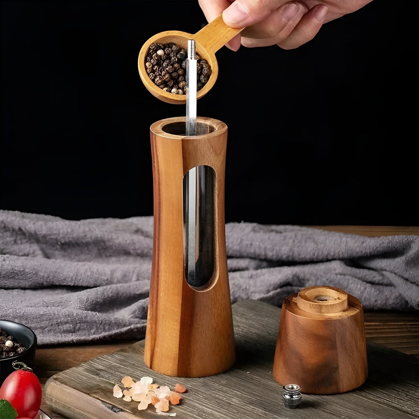 Wooden Salt and Pepper Mill Set with Acrylic Window, Adjustable Grind