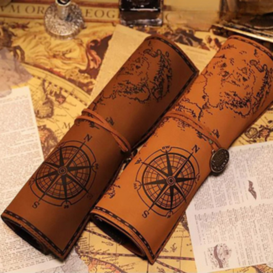 Vintage Leather Pencil Case with Treasure Map Design