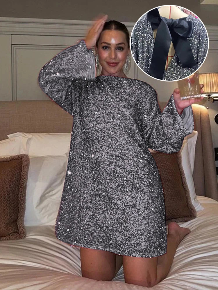 Sequined Mini Dress with Bow Detail and Long Sleeves