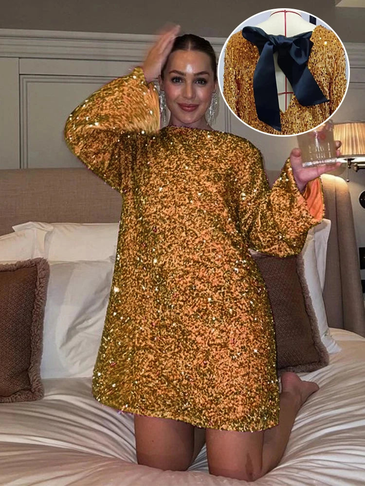 Sequined Mini Dress with Bow Detail and Long Sleeves