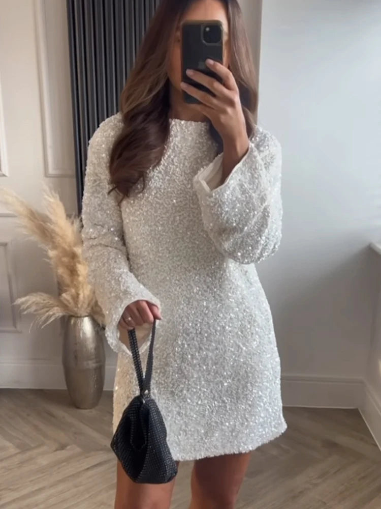 Sequined Mini Dress with Bow Detail and Long Sleeves