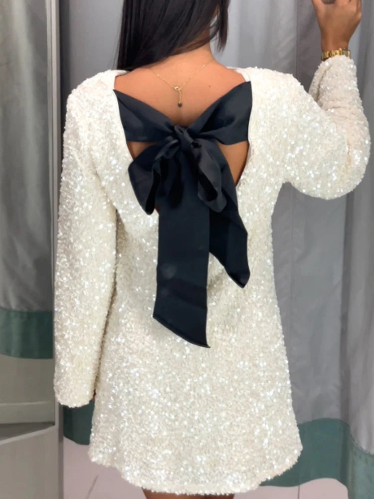 Sequined Mini Dress with Bow Detail and Long Sleeves