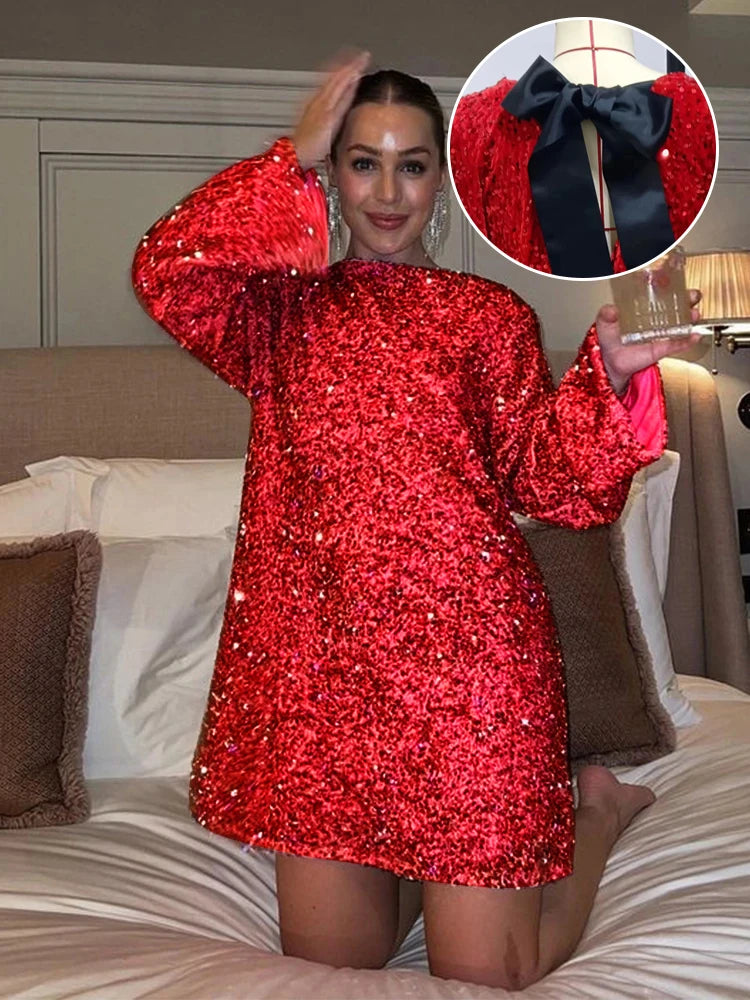 Sequined Mini Dress with Bow Detail and Long Sleeves