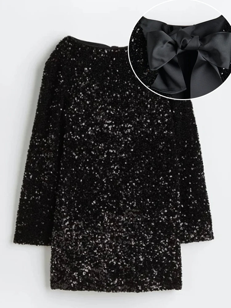 Sequined Mini Dress with Bow Detail and Long Sleeves