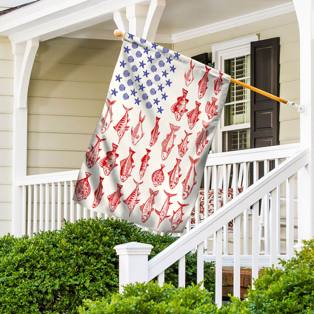 Fish & Sea Shells American Flag - Nautical Summer Decor for Independence Day