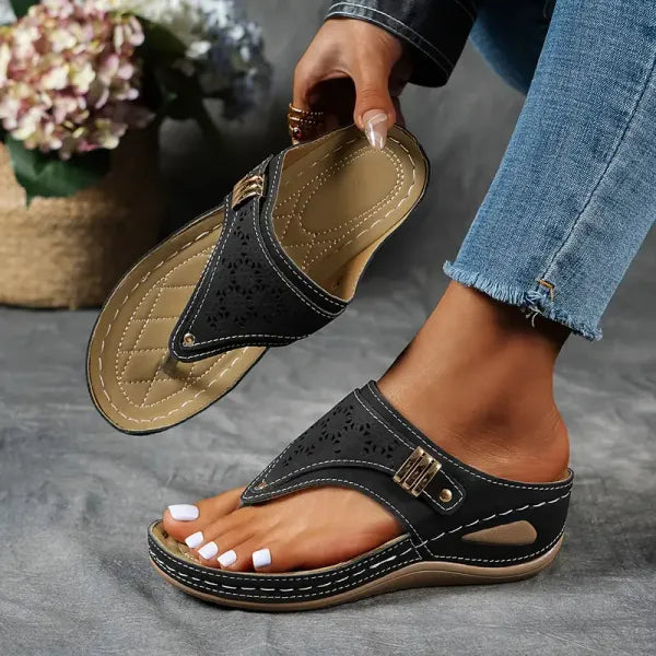 Women's Adjustable Wedge Platform Sandals with Laser Cut Design