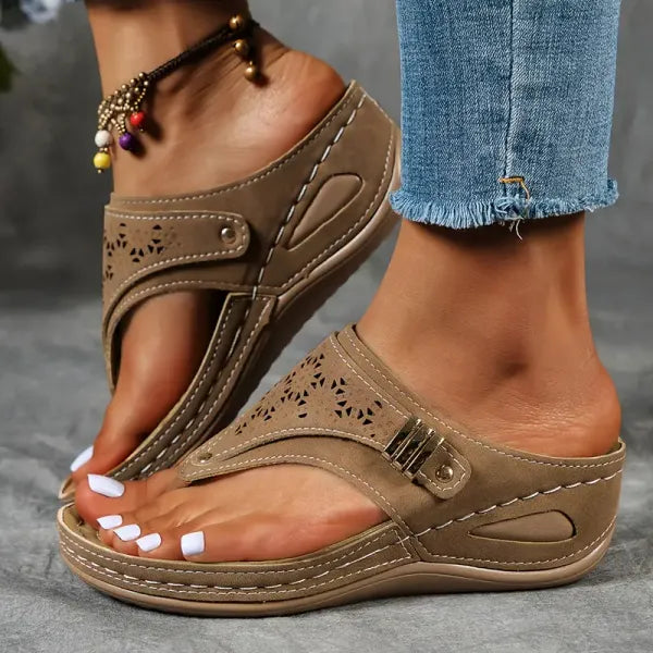 Women's Adjustable Wedge Platform Sandals with Laser Cut Design