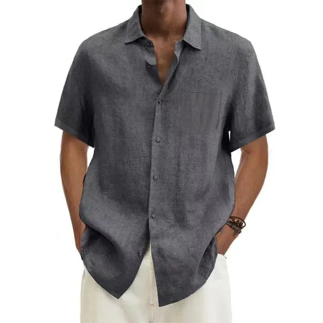 Men's Short Sleeve Linen Cotton Shirt with Classic Collar