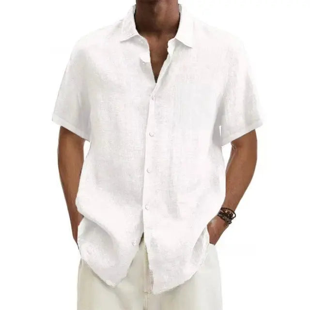 Men's Short Sleeve Linen Cotton Shirt with Classic Collar