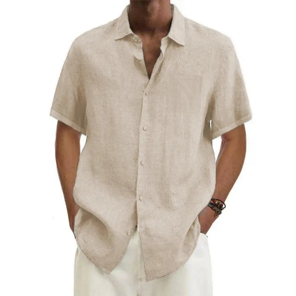 Men's Short Sleeve Linen Cotton Shirt with Classic Collar
