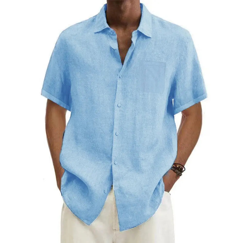 Men's Short Sleeve Linen Cotton Shirt with Classic Collar