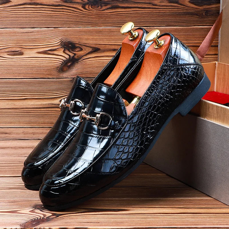 Textured Men's Loafers with Gold Horsebit Detail