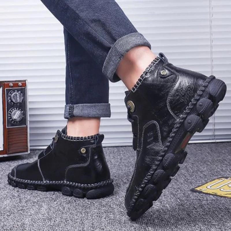 Men's Hand-Stitched Casual Boots with Medium Heel