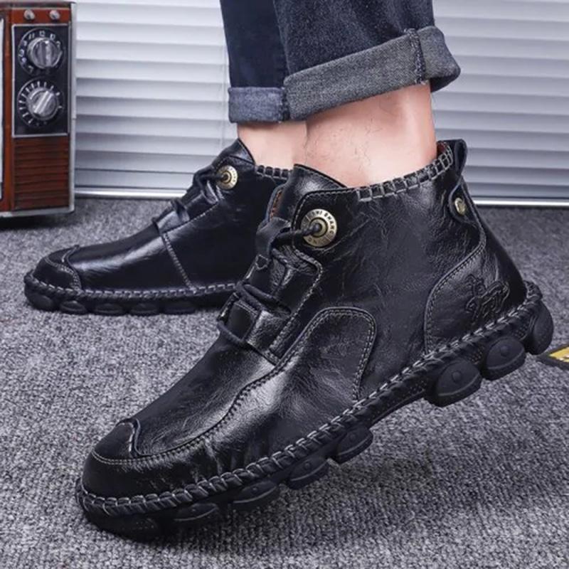 Men's Hand-Stitched Casual Boots with Medium Heel