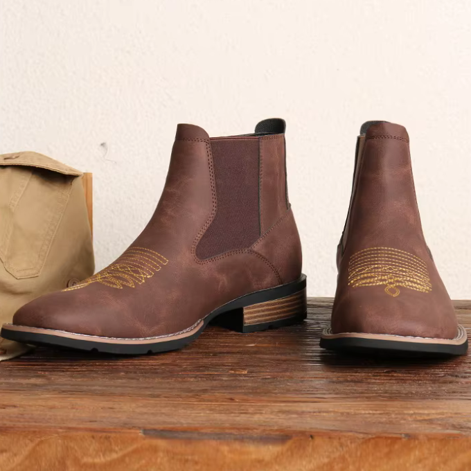 Western Chelsea Ankle Boots for Men with Cowboy Embroidery