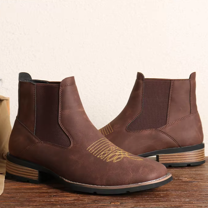 Western Chelsea Ankle Boots for Men with Cowboy Embroidery