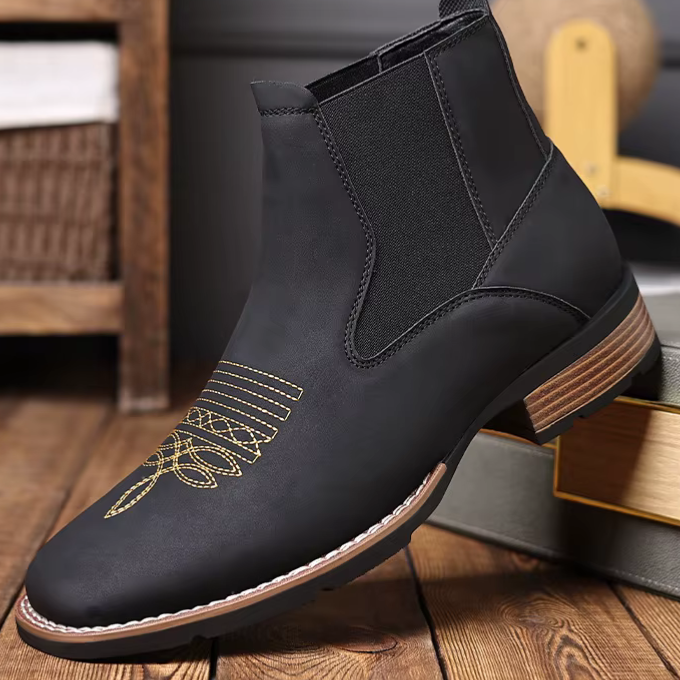 Western Chelsea Ankle Boots for Men with Cowboy Embroidery