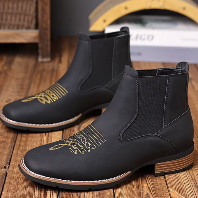 Western Chelsea Ankle Boots for Men with Cowboy Embroidery