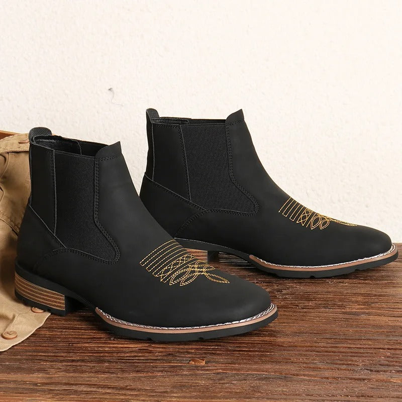 Western Chelsea Ankle Boots for Men with Cowboy Embroidery