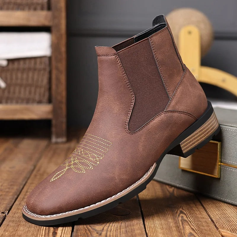 Western Chelsea Ankle Boots for Men with Cowboy Embroidery
