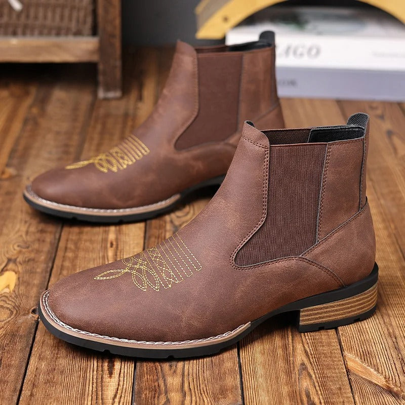 Western Chelsea Ankle Boots for Men with Cowboy Embroidery