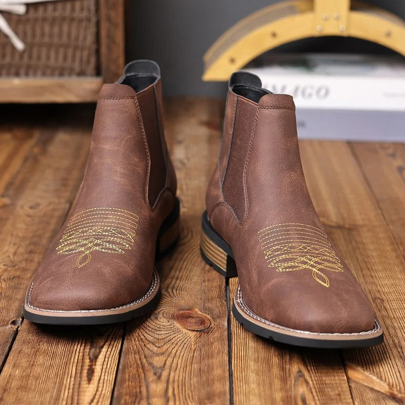 Western Chelsea Ankle Boots for Men with Cowboy Embroidery