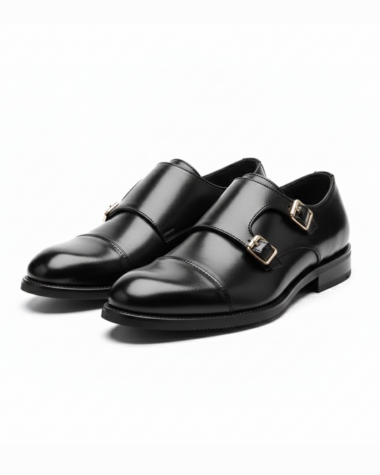 Men's Double Monk Strap Cap-Toe Shoes in Black or Brown