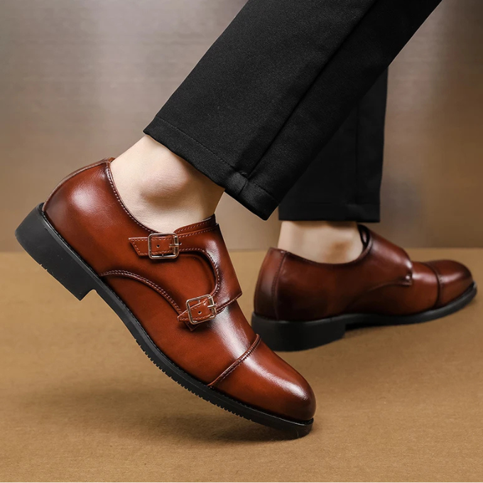 Men's Double Monk Strap Cap-Toe Shoes in Black or Brown